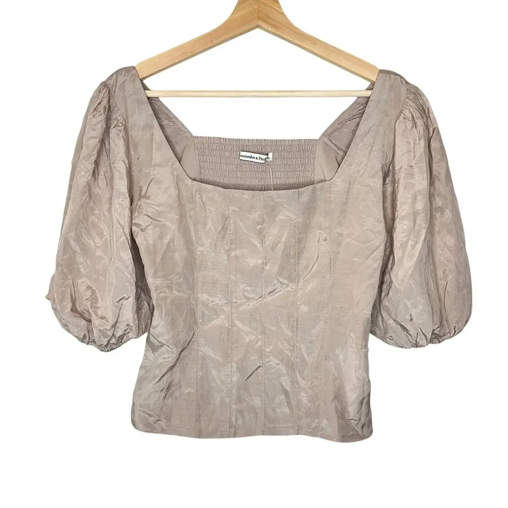 Abercrombie & Fitch Puff Sleeve Shine Cotton Square Neck Top Beige Small Smocked